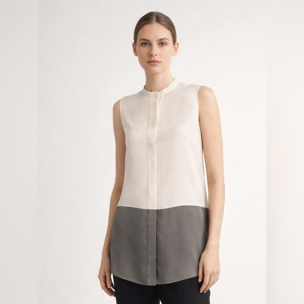 Vince Silk Sleeveless Blouse XS Ivory & Gray Colorblock Minimal Chic